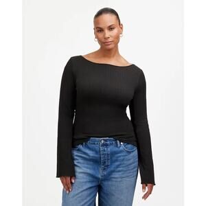 Madewell Ribbed Long-Sleeve Boatneck Top Jet Black XS NS805‎ Casual Minimal